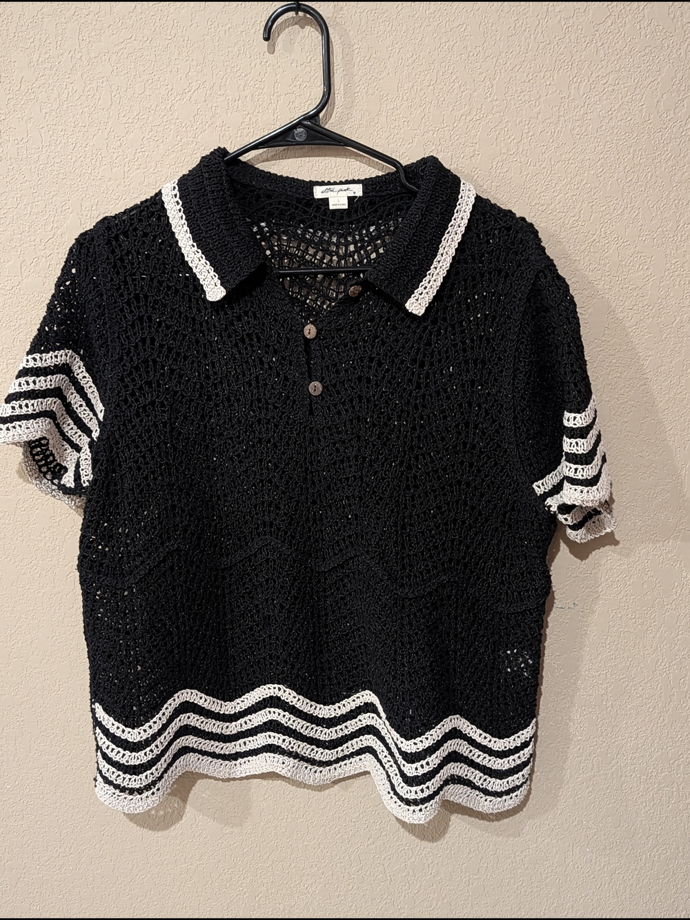 Ultra Pink Black Crochet Polo Top with White Trim